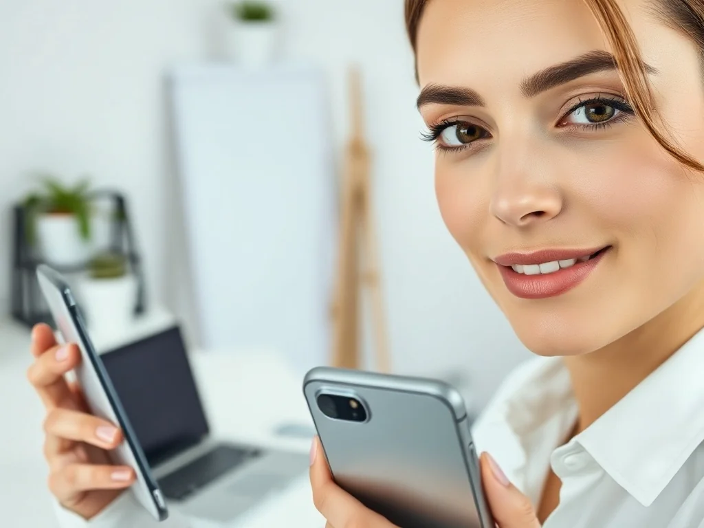 Kobieta trzymająca nowoczesny smartfon w jasnym, uporządkowanym biurze, co ilustruje dbanie o porządek w urządzeniu.