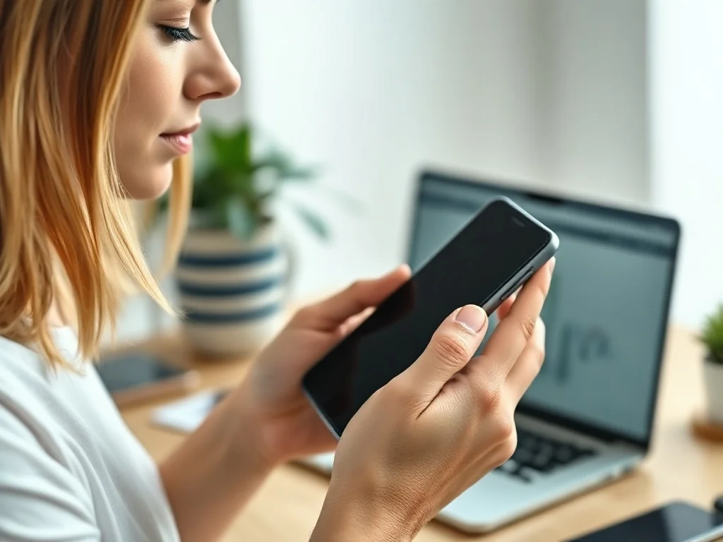 Kobieta trzymająca nowoczesny smartfon w minimalistycznym biurze, przygotowująca się do wykonania kopii zapasowej danych.