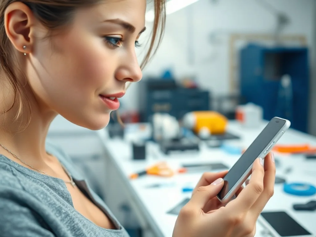 Kobieta trzymająca nowoczesny smartfon w profesjonalnym serwisie elektroniki, gotowa do wymiany baterii.