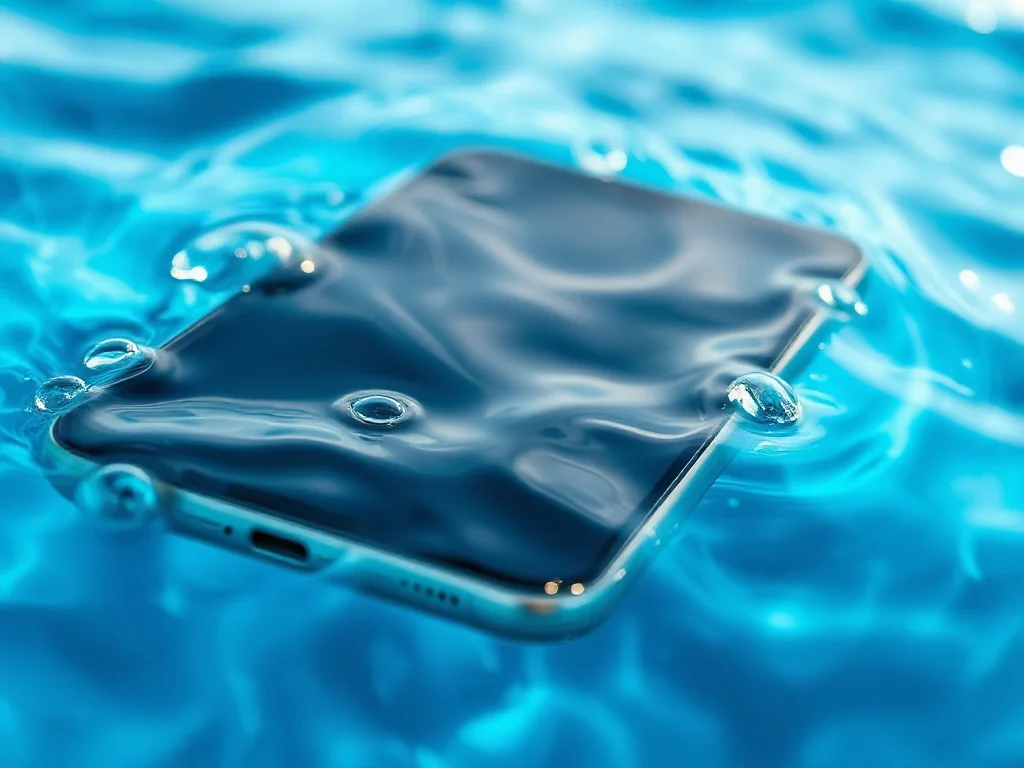 Smartfon częściowo zanurzony w czystej wodzie z widocznymi pęcherzykami powietrza, ilustrujący odporność urządzenia na ciecze.