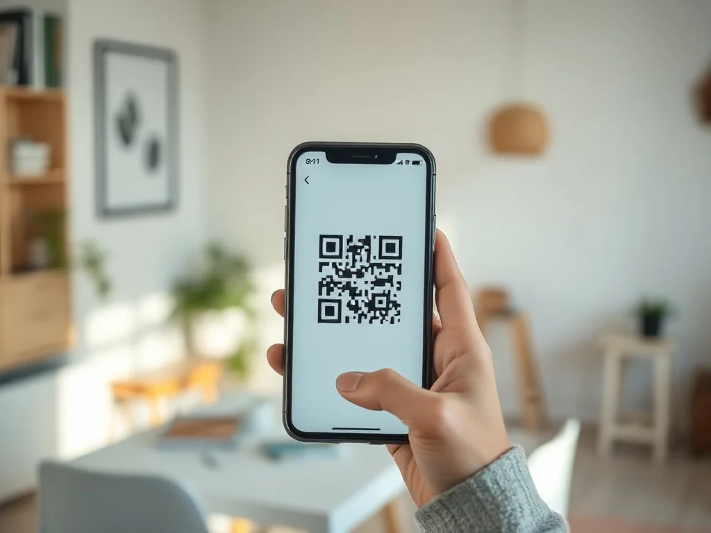Dłoń trzymająca iPhone'a z otwartym interfejsem skanowania kodu QR w jasnym, domowym biurze.
