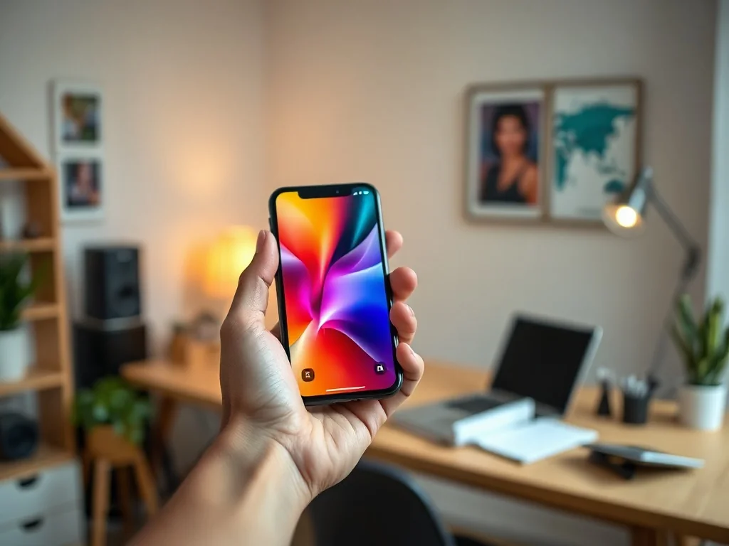 Dłoń trzymająca iPhone'a z kolorową, abstrakcyjną tapetą na ekranie w przytulnym domowym biurze.