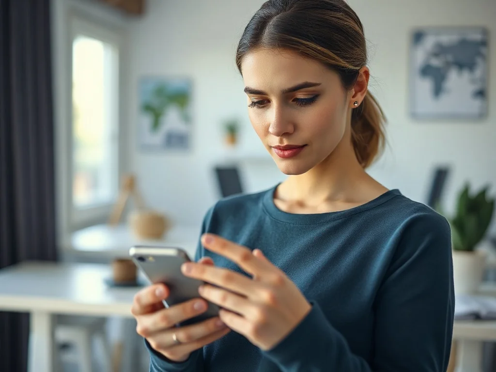 Kobieta skupiona na ekranie iPhone'a w przytulnym domowym biurze, ilustrująca proces obsługi urządzenia.