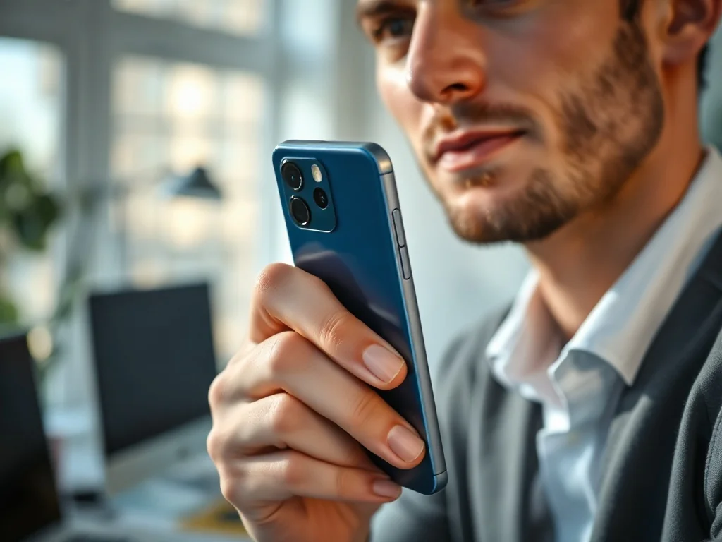 Mężczyzna trzyma nowoczesnego iPhone’a 15 na tle minimalistycznego biura, prezentując elegancki design urządzenia.