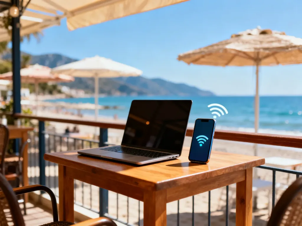 Laptop i smartfon z pełnym zasięgiem 5G na stoliku w nadmorskiej kawiarni, idealne do korzystania z internetu w wakacje