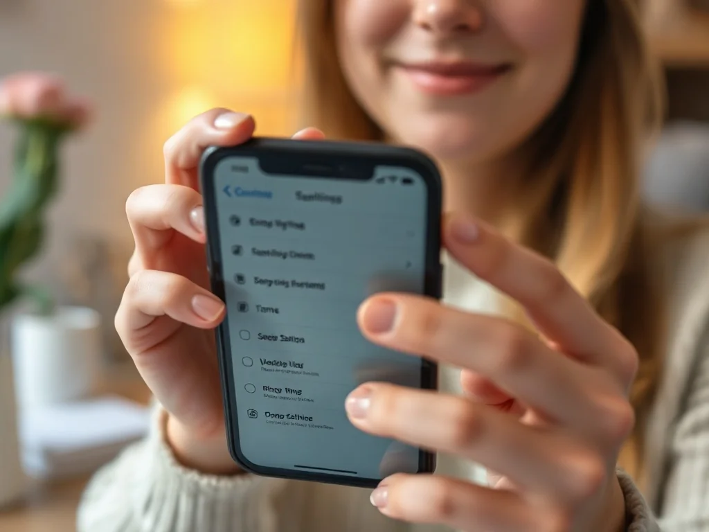 Dłonie trzymające iPhone'a z otwartym menu ustawień w jasnym, minimalistycznym biurze.