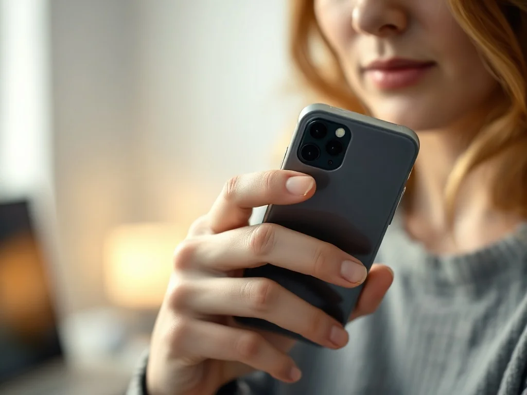Kobieta trzymająca iPhone'a, przygotowująca się do naciśnięcia przycisków bocznych w celu wykonania zrzutu ekranu.