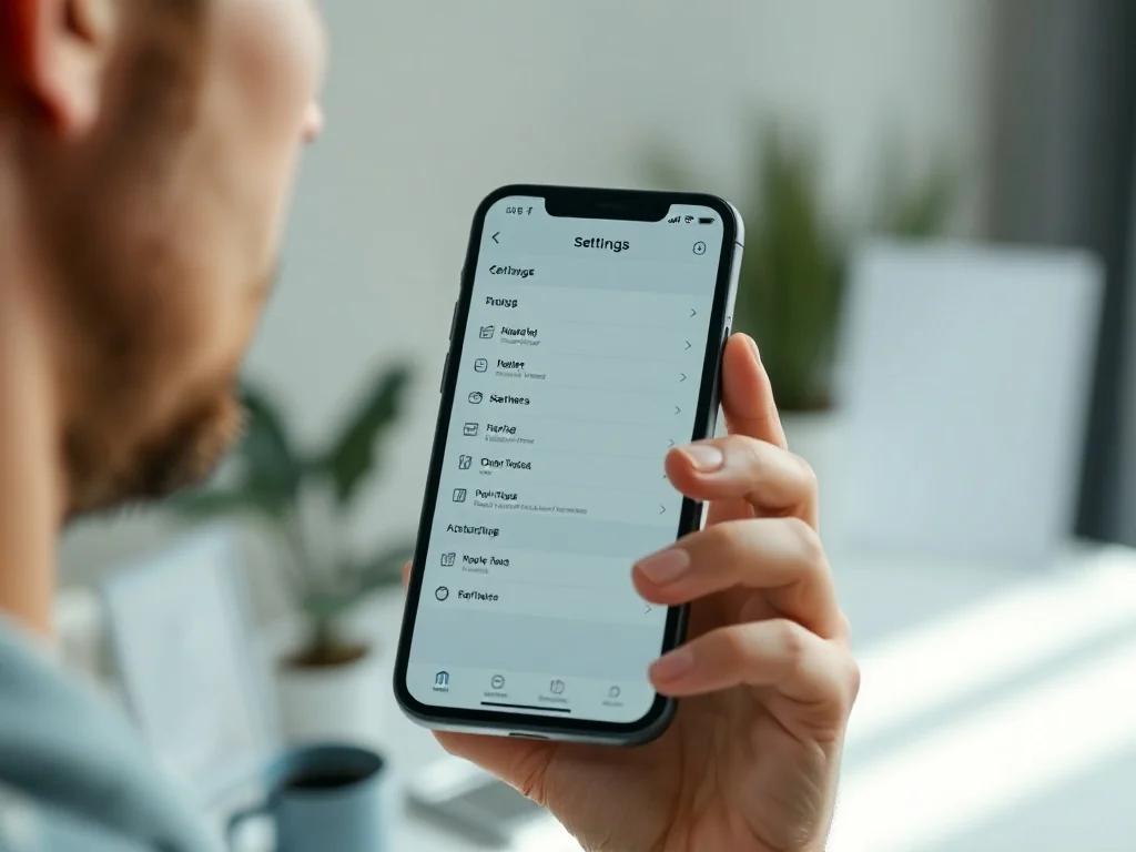 Dłoń trzymająca smartfon z otwartym menu ustawień na ekranie w jasnym, minimalistycznym biurze.