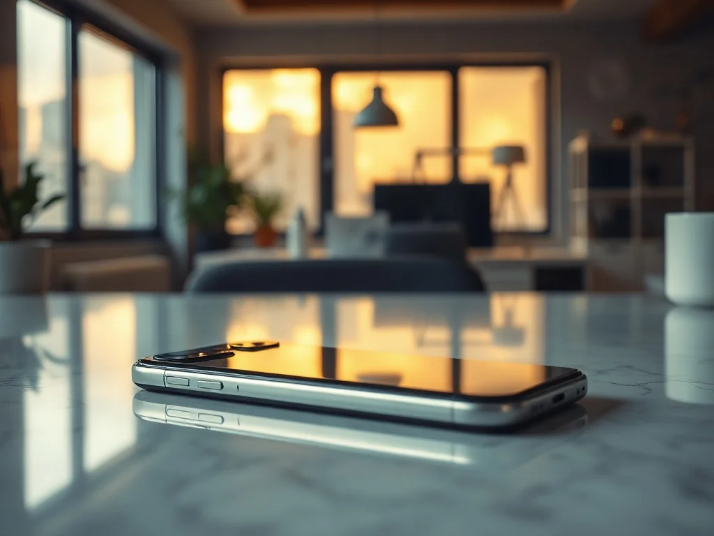 Elegancki smartfon na marmurowym biurku w nowoczesnym biurze, prezentujący nowoczesny design urządzenia.
