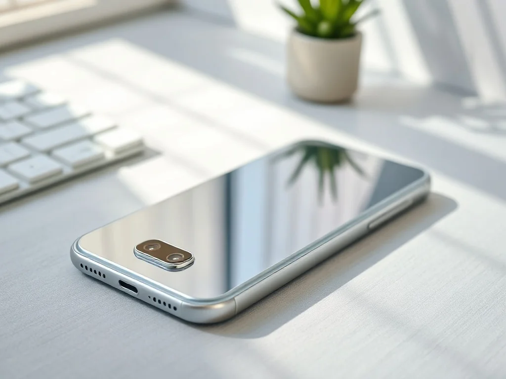Nowoczesny smartfon iPhone 15 leżący na jasnym, minimalistycznym blacie, ukazujący detale obudowy i moduł aparatu.