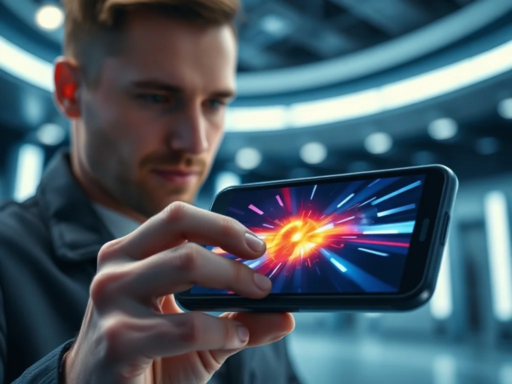 Mężczyzna obsługujący nowoczesny smartfon z płynnie wyświetlaną grafiką, podkreślającą wysoką częstotliwość odświeżania ekranu.