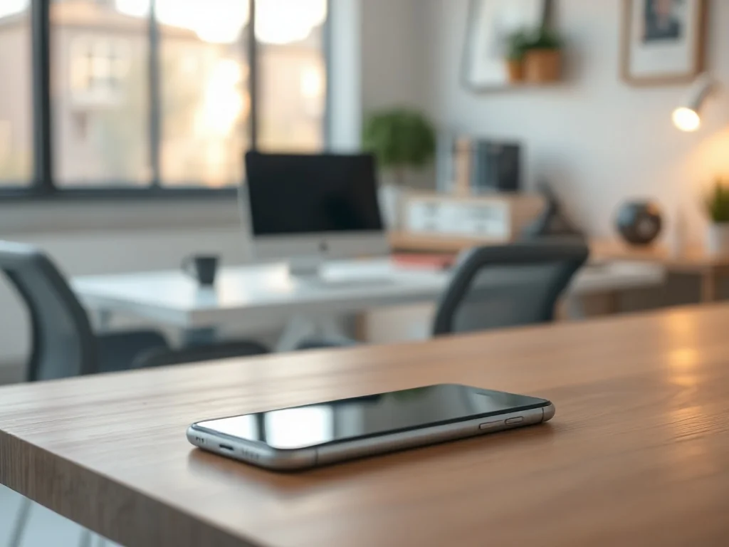 Elegancki iPhone 12 leżący na drewnianym biurku w nowoczesnym domowym biurze.