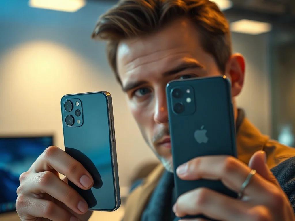 Mężczyzna trzymający obok siebie dwa nowoczesne smartfony, porównując flagowe modele iPhone i Samsung.