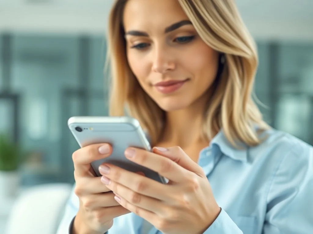 Kobieta trzymająca iPhone'a i sprawdzająca ustawienia telefonu w jasnym, nowoczesnym biurze.